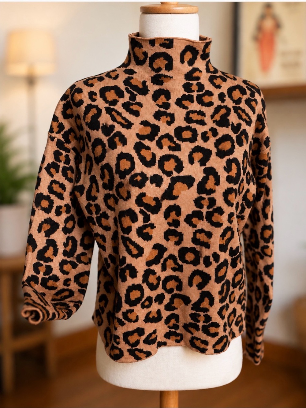 Rachel Zoe Luxe Leopard Print Mock Neck Sweater | Camel & Black | XS